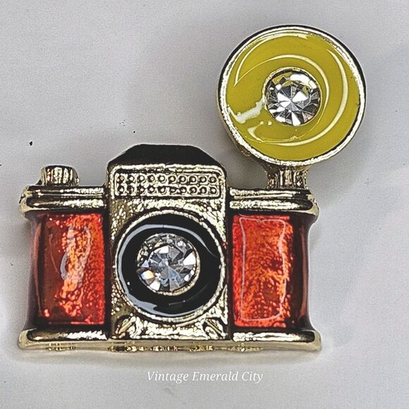 Retro Brooch Vtg Photo Camera Pin Flash Bulb Orange Enamel Rhinestone Gold Tone - Picture 2 of 12